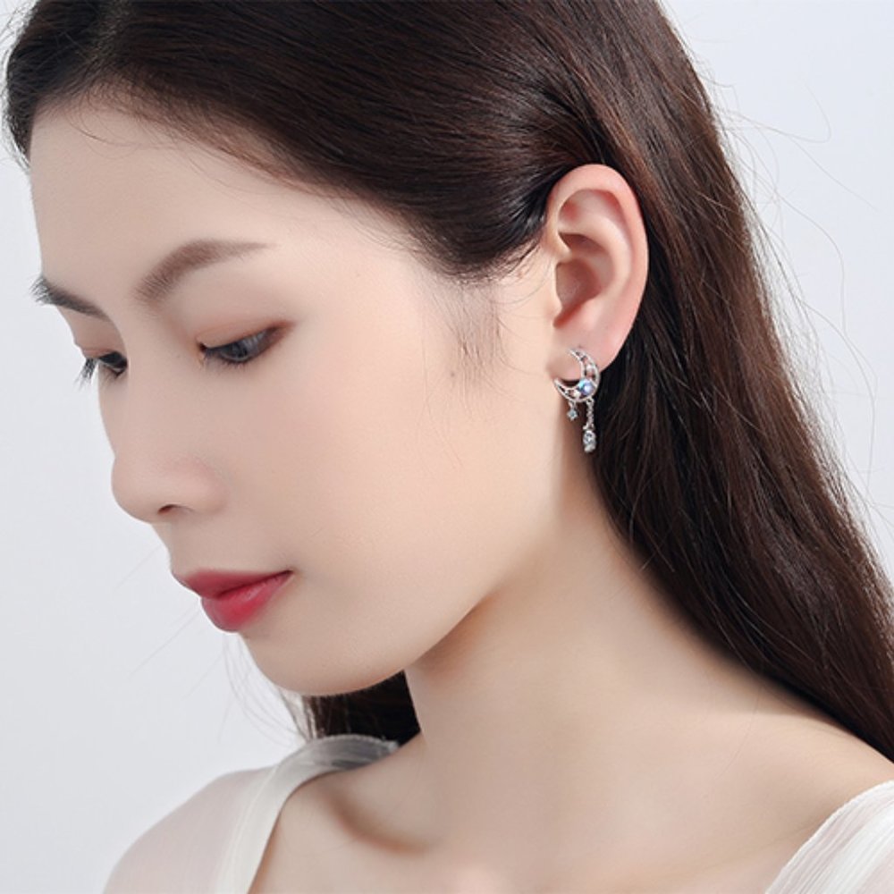 NEW Silver Hollow Moon Zircon Tassel Dangle Earrings - Picture 6 of 7